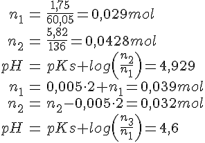 LaTex: \begin{eqnarray} n_1 &=& \frac{1,75}{60,05} = 0,029 mol\\ n_2 &=& \frac{5,82}{136} = 0,0428 mol\\ pH &=& pKs+log\left(\frac{n_2}{n_1}\right) = 4,929\\ n_1 &=& 0,005\cdot 2 + n_1 = 0,039 mol\\ n_2 &=& n_2 - 0,005\cdot 2 = 0,032 mol\\ pH &=& pKs+log\left(\frac{n_3}{n_1}\right) = 4,6\\ \end{eqnarray}