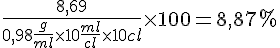 LaTex: \frac{8,69}{0,98\frac{g}{ml}\times10\frac{ml}{cl}\times10cl}\times100=8,87\percent