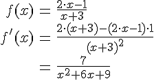 LaTex: \begin{eqnarray} f(x) &=& \frac{2\cdot x -1}{x+3}\\ f'(x) &=& \frac{2\cdot (x+3)-(2\cdot x -1)\cdot 1}{(x+3)^2}\\ &=& \frac{7}{x^2+6x+9}\\ \end{eqnarray}