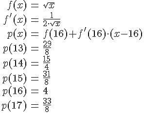 LaTex: \begin{eqnarray} f(x) &=& \sqrt{x}\\ f'(x) &=& \frac{1}{2\cdot\sqrt{x}}\\ p(x) &=& f(16)+f'(16)\cdot(x-16)\\ p(13) &=& \frac{29}{8}\\ p(14) &=& \frac{15}{4}\\ p(15) &=& \frac{31}{8}\\ p(16) &=& 4\\ p(17) &=& \frac{33}{8}\\ \end{eqnarray}