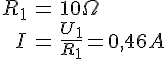 LaTex: \begin{eqnarray} R_1 &=& 10 \Omega\\ I &=& \frac{U_1}{R_1} = 0,46A\\ \end{eqnarray}