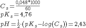 LaTex: C_s = \frac{0,048*1000}{60}\\ pK_s = 4,76\\ pH = \frac{1}{2}\cdot (pK_s -log(C_s)) = 2,43\\
