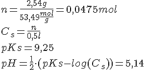 LaTex: n = \frac{2,54g}{53,49\frac{mol}{g}} = 0,0475 mol\\ C_s = \frac{n}{0,5 l}\\ pKs = 9,25\\ pH = \frac{1}{2}\cdot (pKs-log(C_s)) = 5,14\\