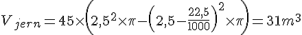 LaTex: V_{jern} = 45\times\left(2,5^2\times\pi-\left(2,5-\frac{22,5}{1000}\right)^2\times\pi\right) = 31 m^3