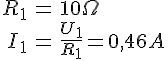 LaTex: \begin{eqnarray} R_1 &=& 10 \Omega\\ I_1 &=& \frac{U_1}{R_1} = 0,46 A\\ \end{eqnarray}