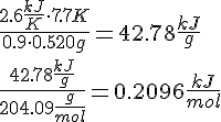 LaTex: \frac{2.6 \frac{kJ}{K} \cdot 7.7 K }{0.9\cdot 0.520 g} = 42.78\frac{kJ}{g}\\ \frac{42.78\frac{kJ}{g} }{204.09\frac{g}{mol}} = 0.2096 \frac{kJ}{mol}